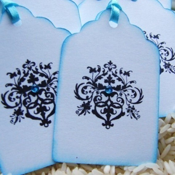 Breakfast at Tiffanys Cool Turquoise Damask Gift Tags Set of 8