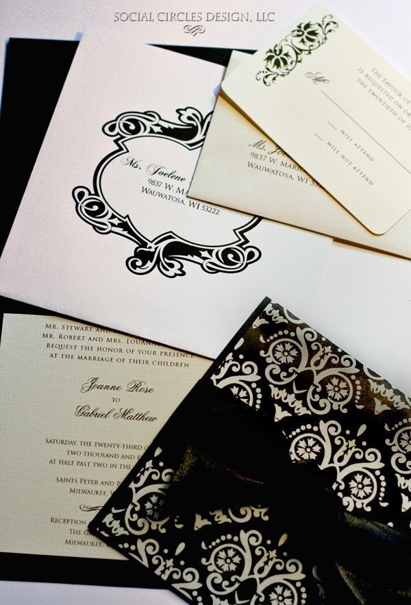 ivory and black damask wedding invitations