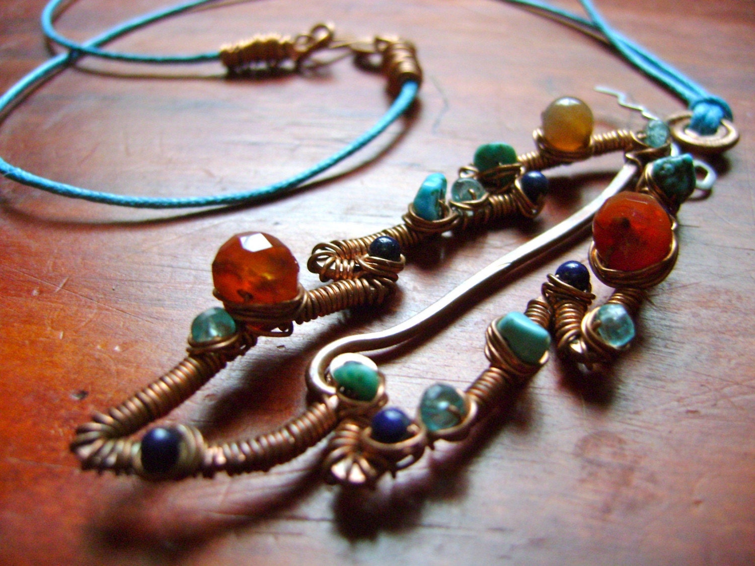 Earth Native Feather Necklace. Copper, Turquoise, Lapis Lazuli, Carnelian, Apatite, Fancy Jasper. Jewelry by FullSpiral on Etsy