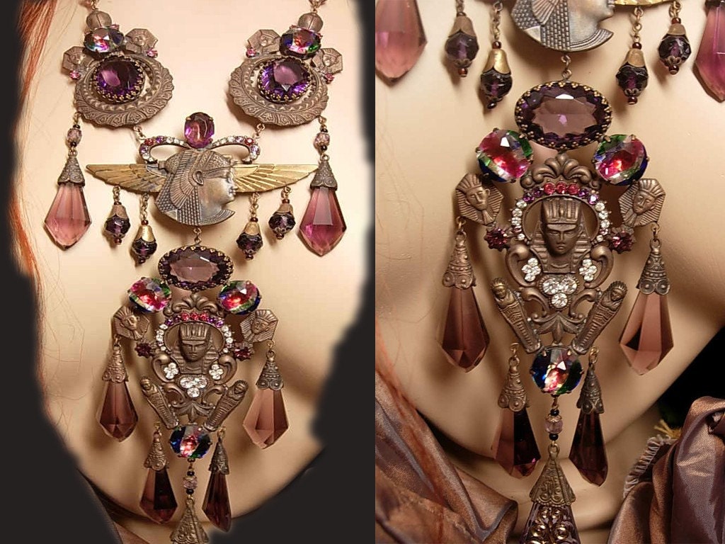 Vintage EGYPTIAN necklace revival  winged ISIS  czech glass statement piece