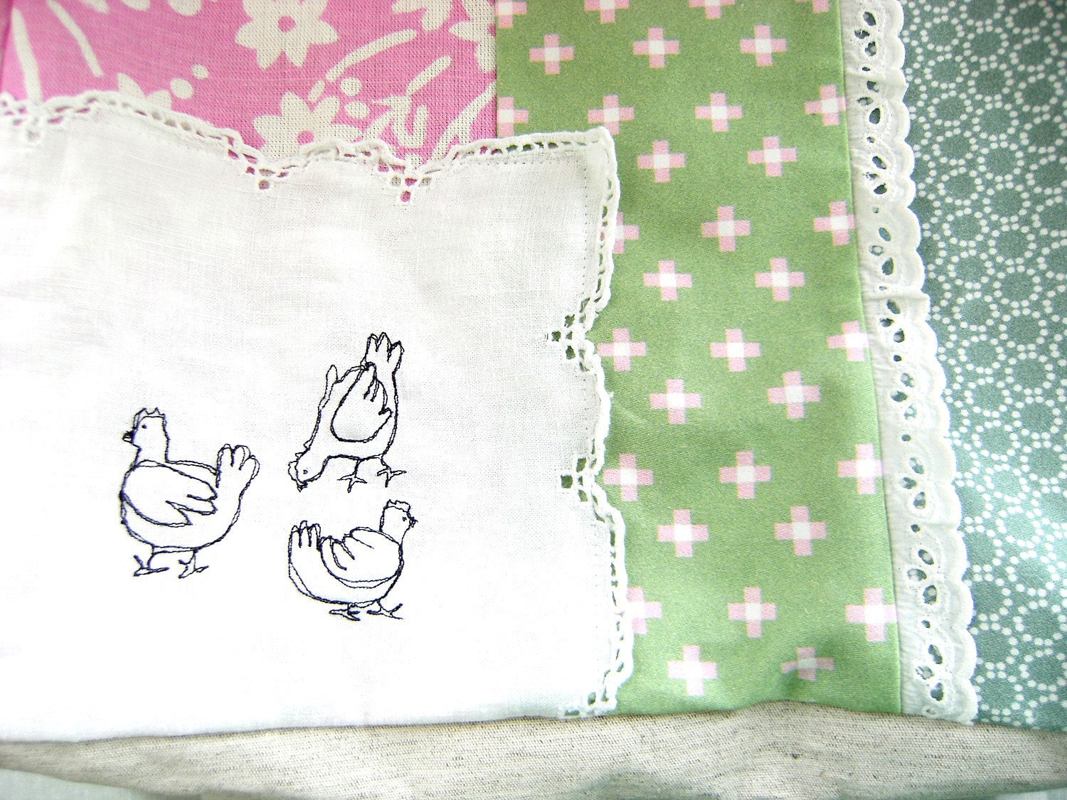 Embroidered Messenger Bag - 'La Basse-court' large patchwork bag in pink and green