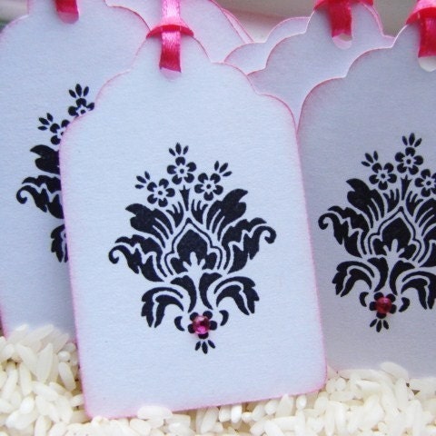 Breakfast at Tiffanys Hot Pink Damask All Occasion Gift Tag Set of 8