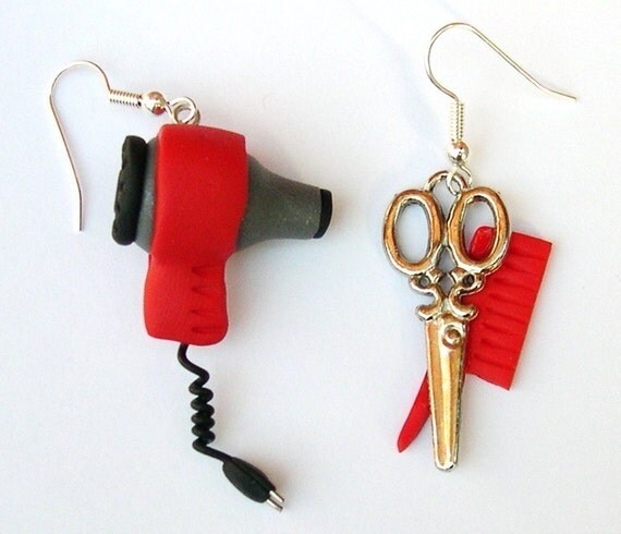 Hair Dryer, Comb and Scissors dangly earrings