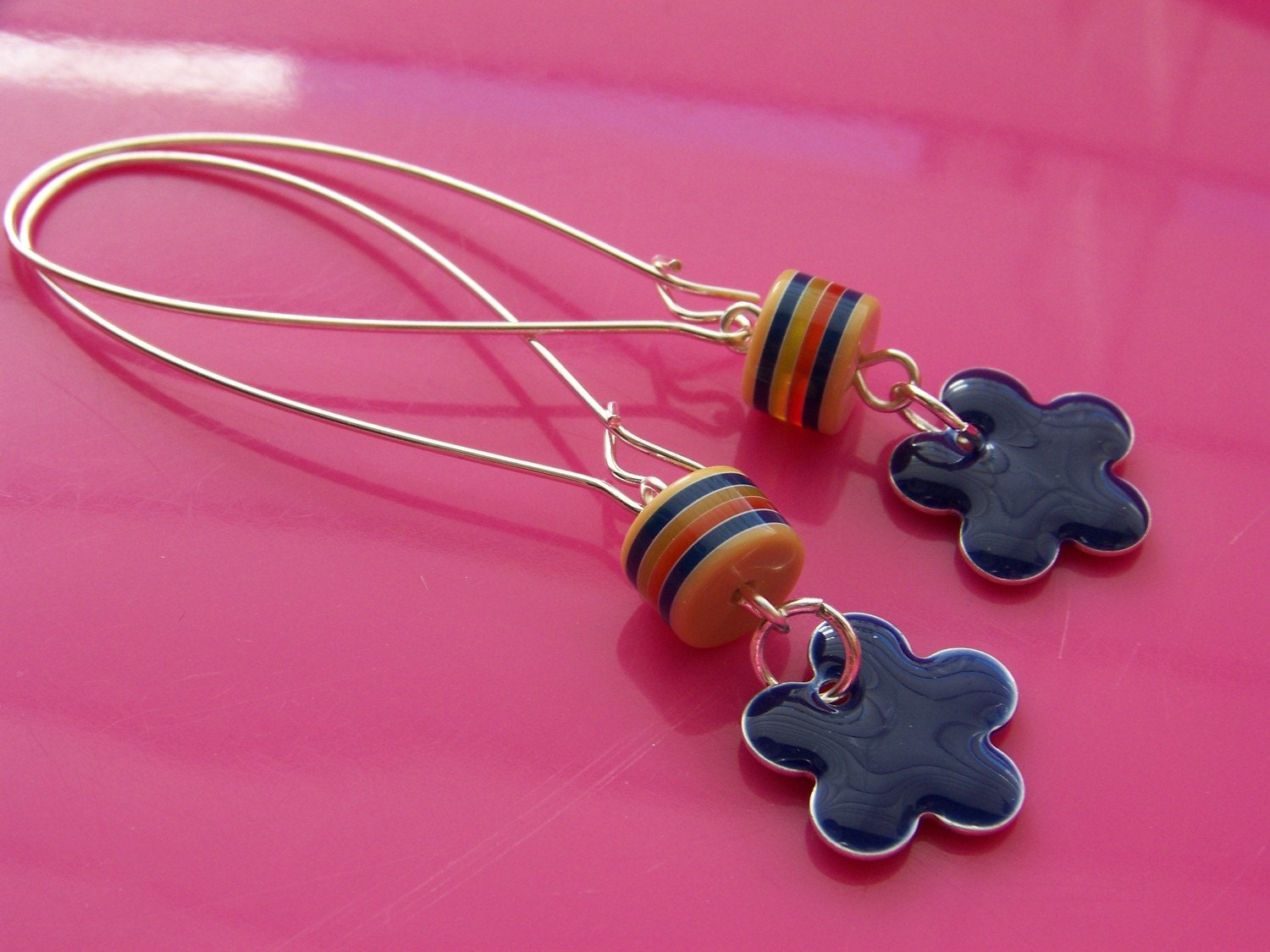 earrings - SUMMER navy enamel flower drops - FREE SHIPPING