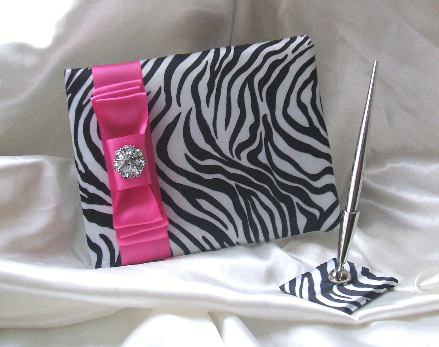 Classic Silky Satin Zebra Print Guestbook and Pen Set with Rhinestone Accent