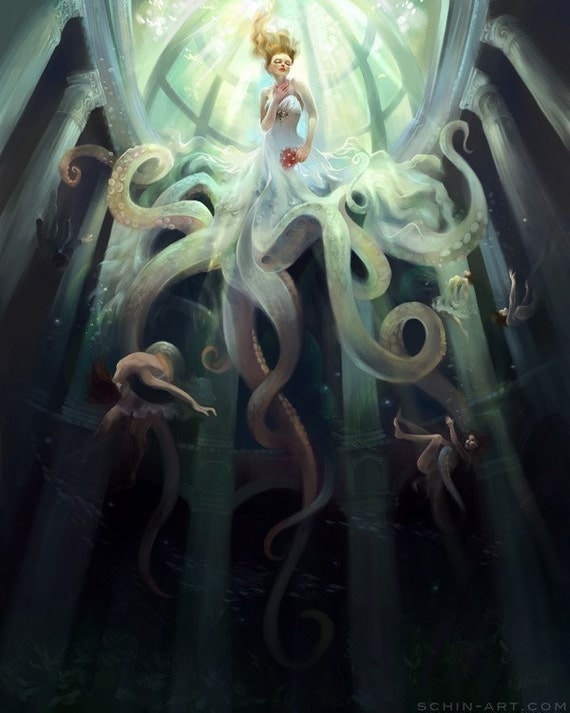 Ascension. octopus jellyfish steampunk bride art print
