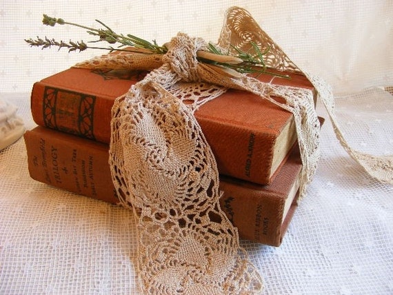 Antique Books  Aged Vintage  Tan Brown  Pair Bundled with Lavender and Lace