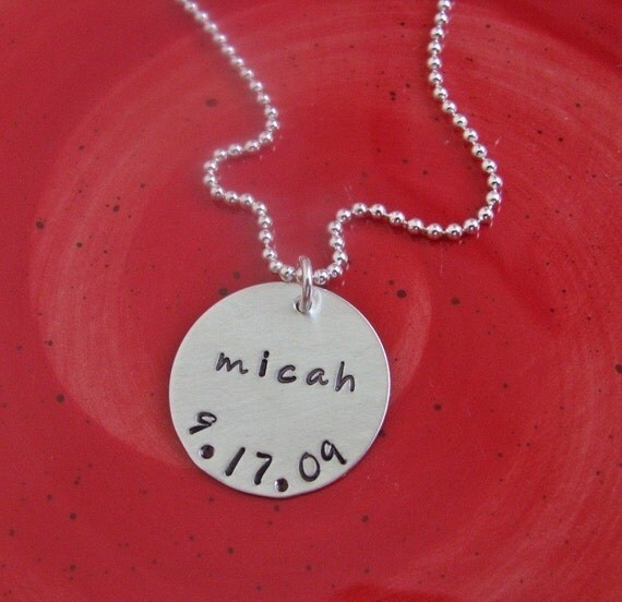 name and birth date necklace - hand stamped silver