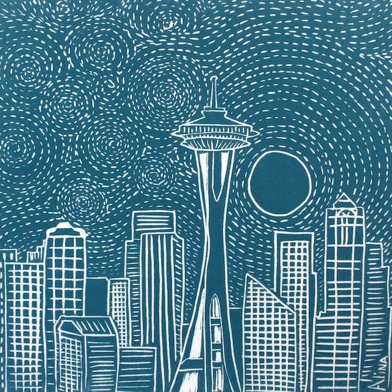 Moonrise Over Seattle Linocut Hand Pulled ORIGINAL Print SIGNED