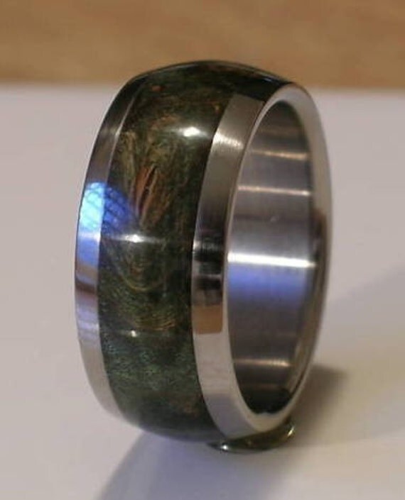 Titanium Wood Ring Green Maple Burl Wooden Band Mens Or Ladies Wedding Ring