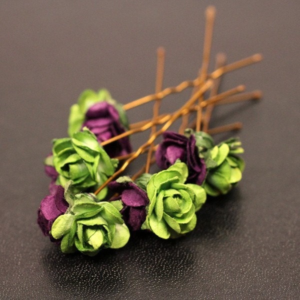Woodland Fairy Bridal Hair Accessories Purple and Green Paper Roses 