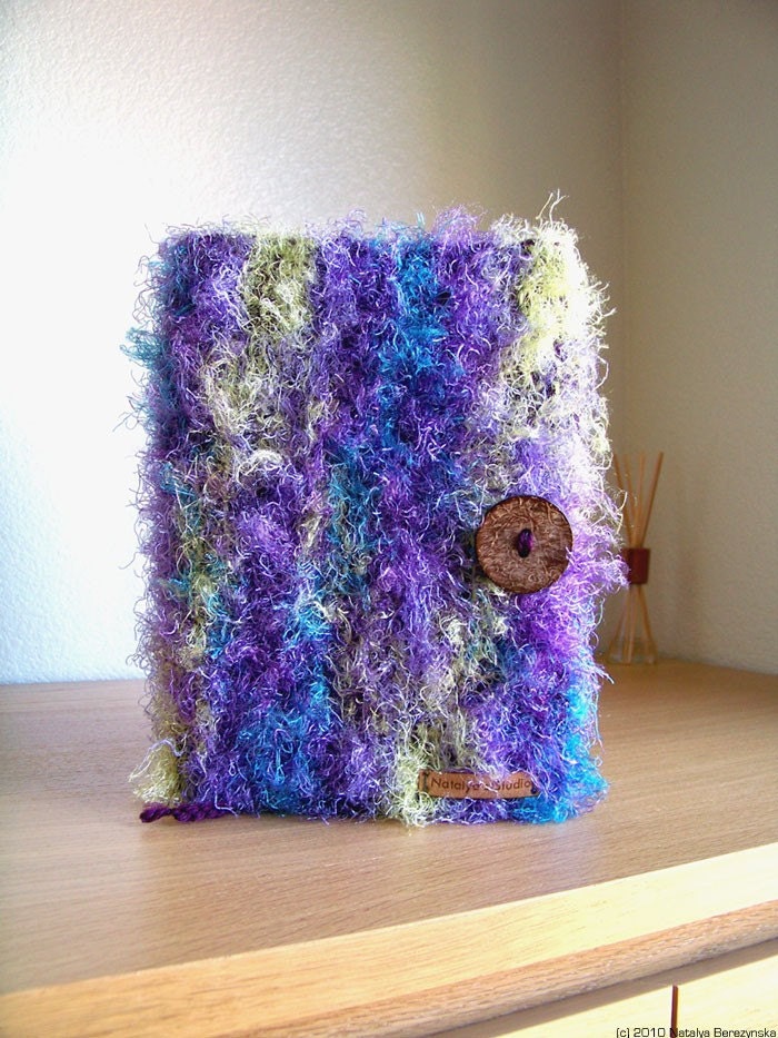 Book Journal Cover Purple Blue Green Fuzzy Coconut Button Knit Crochet School College Dorm Notebook Bookmark Autumn Fall Amethyst Lavender