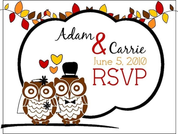 Fall Harvest Red Orange Gold Leaf Bride and Groom Owl Wedding Invitation