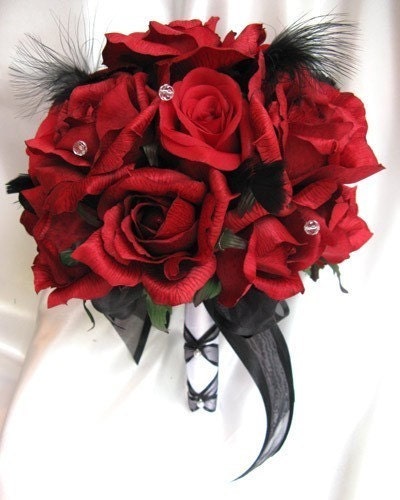 Wedding bouquet Bridal flowers RED BLACK FEATHERS 18 pc package 