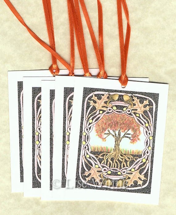 Oak Tree in Autumn, 8 art gift tags, vintage Celtic Renaissance inspired, tree of life