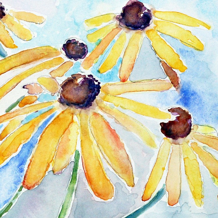 Blue Yellow Home Decor, Watercolor Flowers, Floral art print  - With the Wind - 8x10