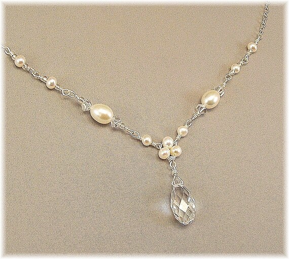 Trinity Pearl Necklace with Crystal Teardrop Delicate by Handwired from etsy.com