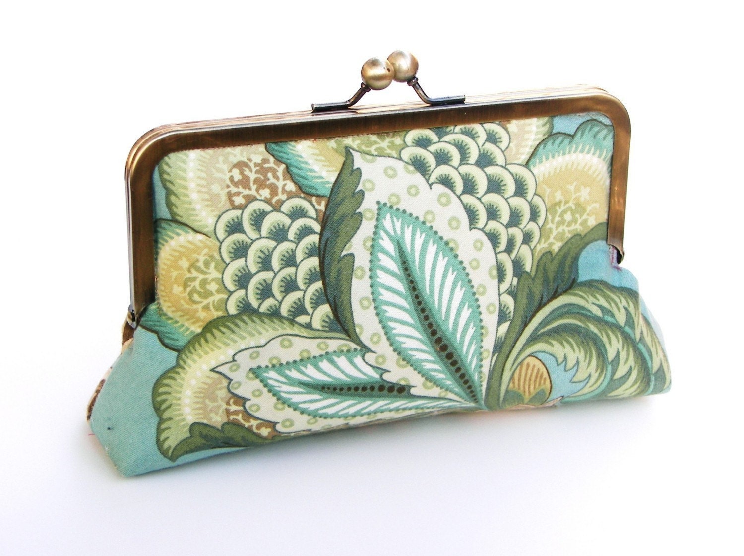 Small clutch with the image of a lotus in green, light blue, and yellow