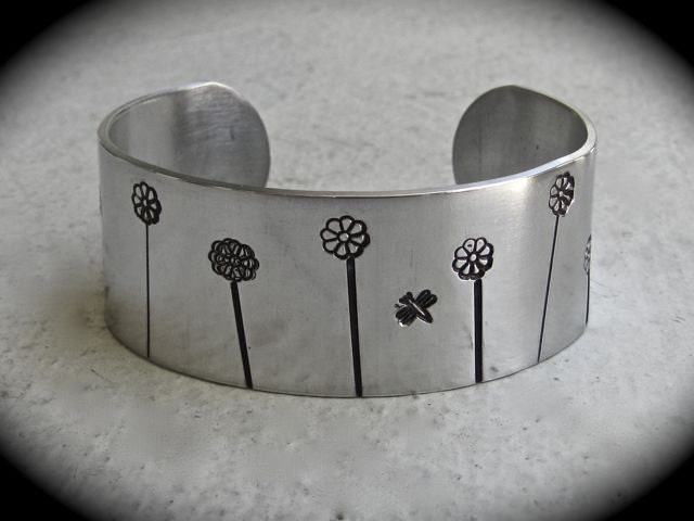 Happy Flower Garden Cuff in Aluminum with Daisies and Dragon Flies