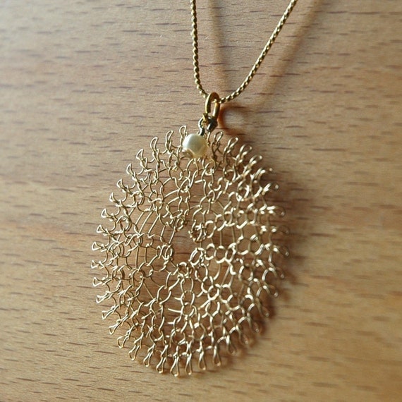 Gold lace large Sunflower necklace with a pearl