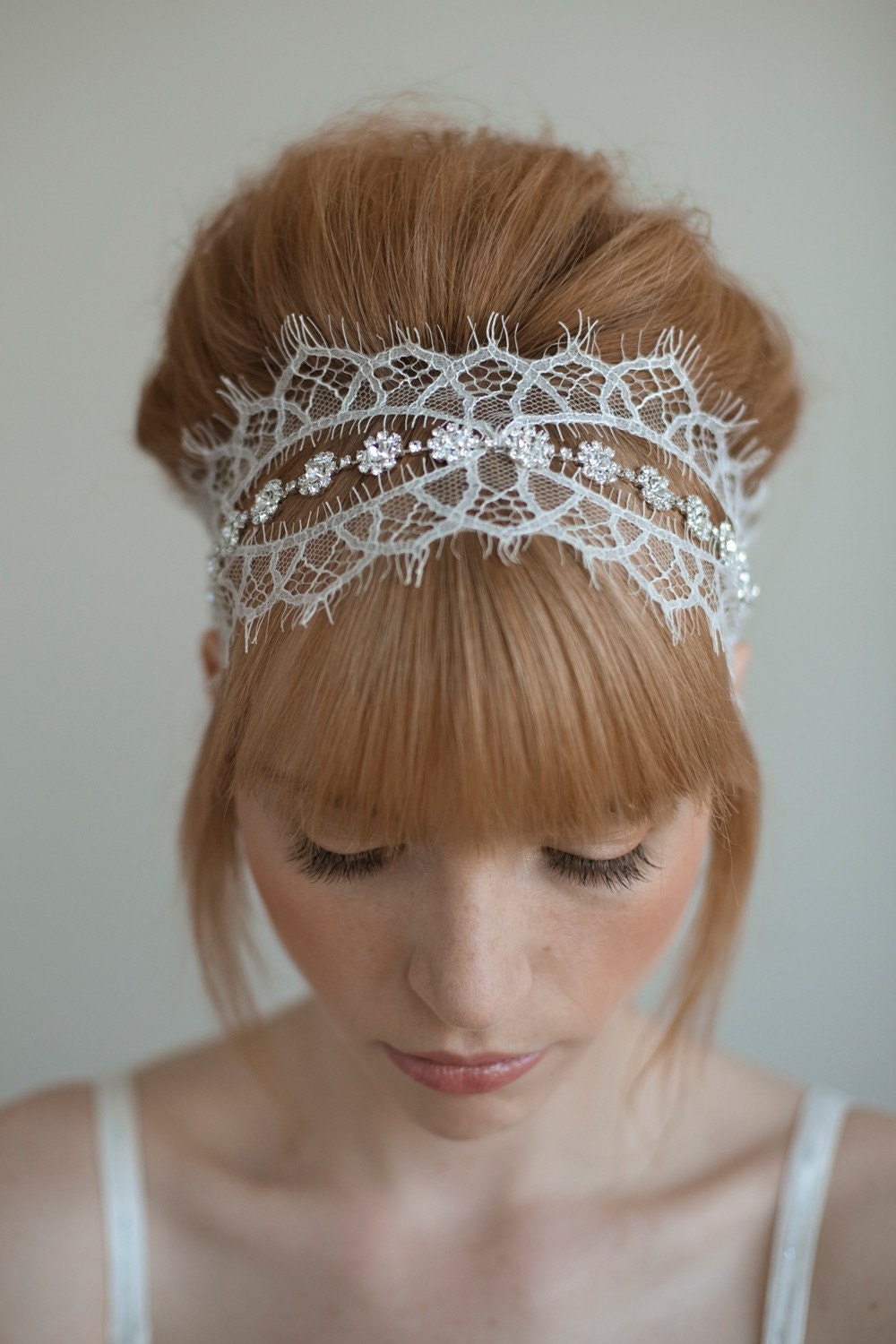 Wedding headband, bridal hair piece, lace, crystals - Chantilly and rhinestone self tie headband - Style 016 - Made to Order