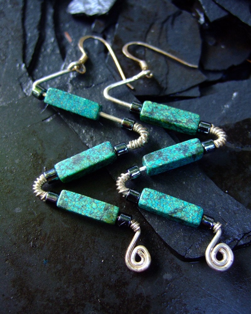 Green Dream, green jasper silver wire wrapped earrings