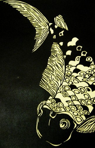 Koi Fish Black and white handprinted linocut by SusanDavidArt