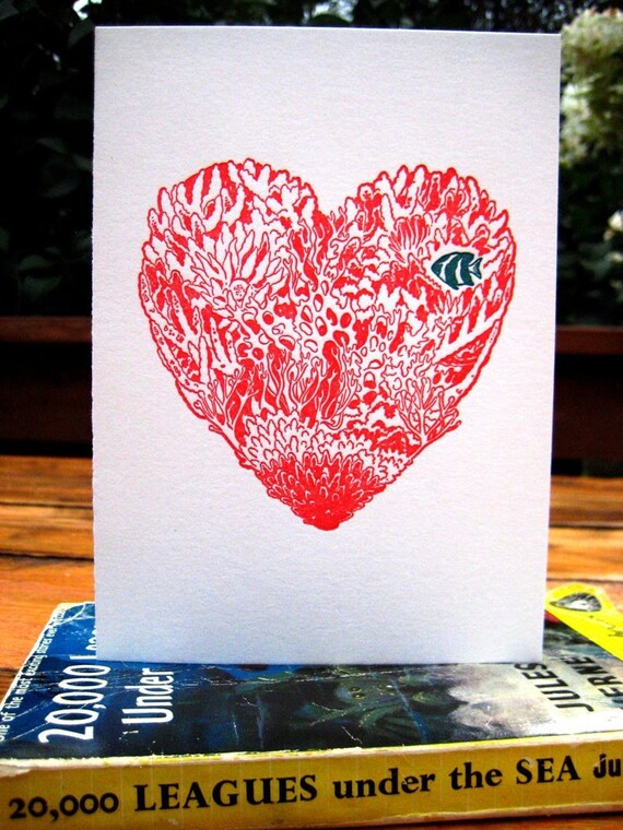 Letterpress Valentine Card - Coral Heart - 60% OFF