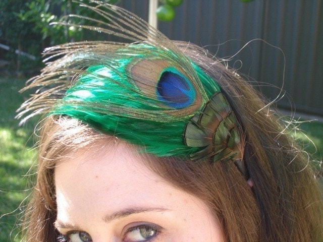 Peacock feather fascinator with emerald green feathers - Peacock Collection Style 035