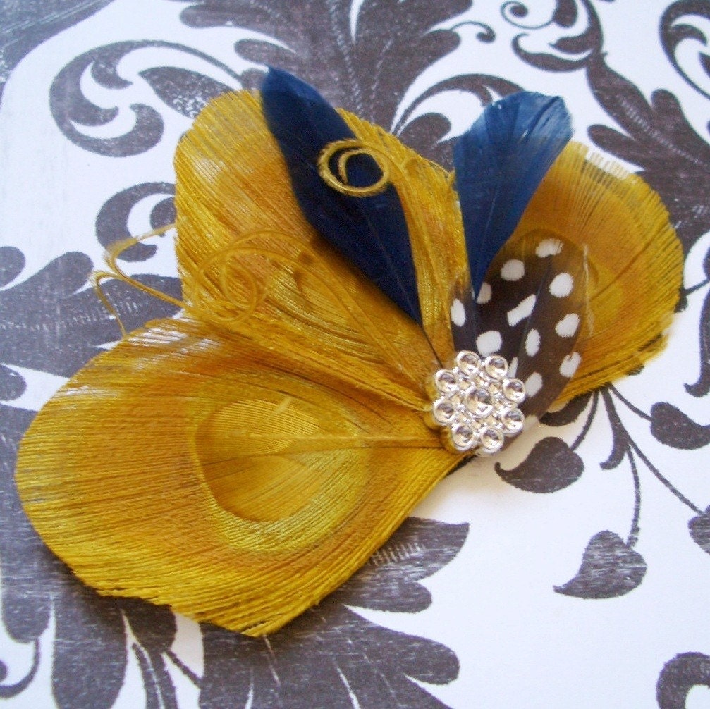 EMERY - Gold and Navy Blue Treo Peacock Feather Clip