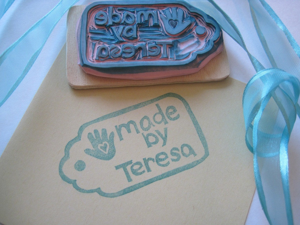Personalized Hand Made Tag, Hand Carved Rubber Stamp