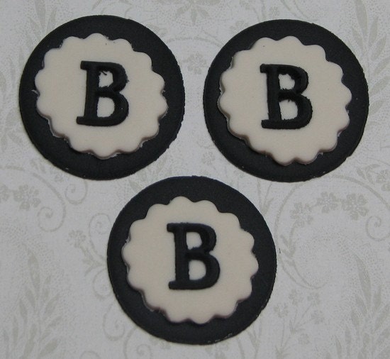 Fondant edible cupcake toppers Wedding black and beige monogram