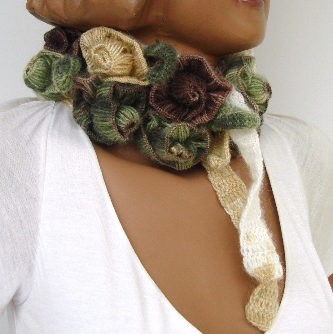 Turkish rose handmade knit crochet neckwarmer Earth colors Turkish rose handmade knit crochet neckwarmer Earth colors