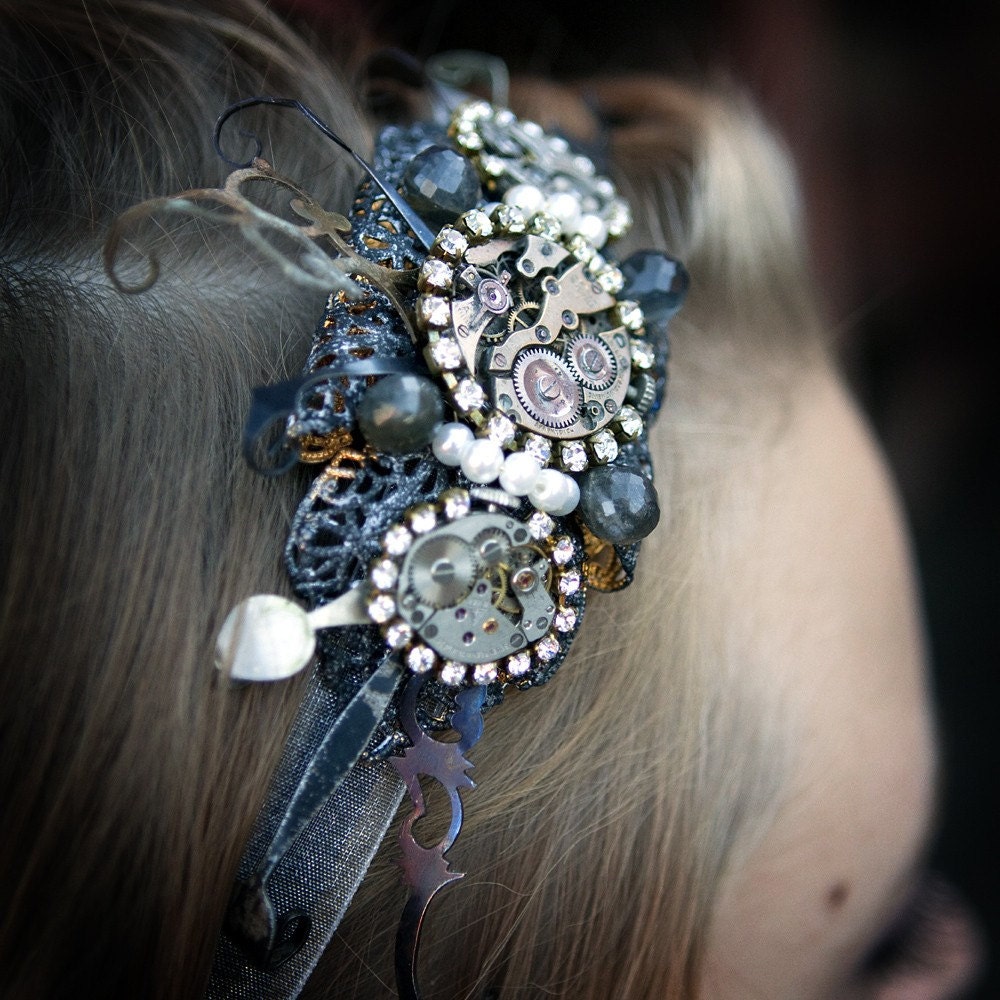Steampunk Clock Hands hairband, ivory organza and black satin ribbon, watch movements, clear rhinestones, glass pearls, labradorite
