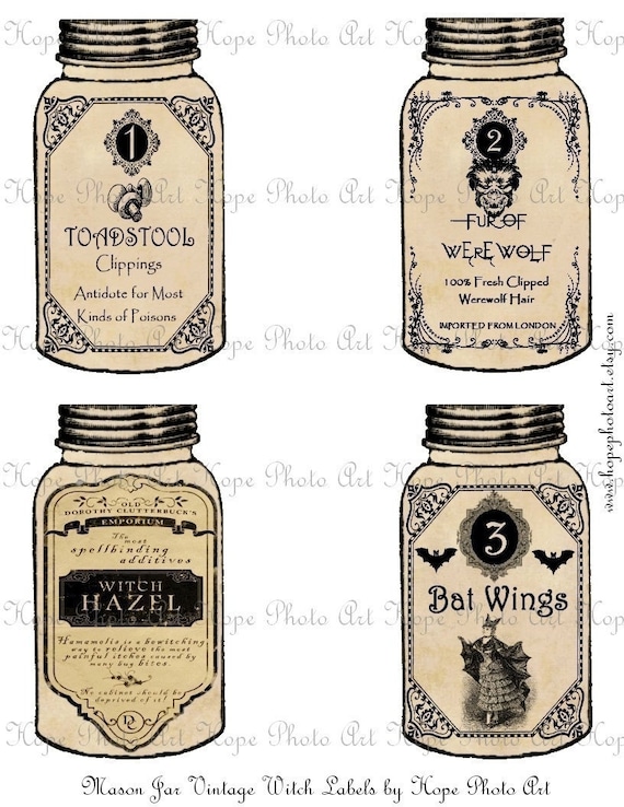 Halloween Mason Jar Potion Witch Labels - Witch Hazel Toadstool clippings Fur of Werewolf  Bat Wings ATC ACEO tags - U Print JPG 300dpi