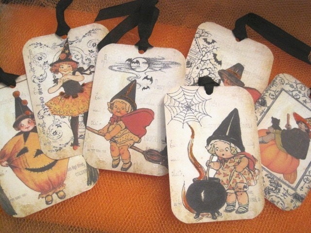 Vintage Style Halloween Gift Tags - Retro - Children - Ballerina - Witches - Pumpkins - Glass Glitter - Buy Three Get One Free