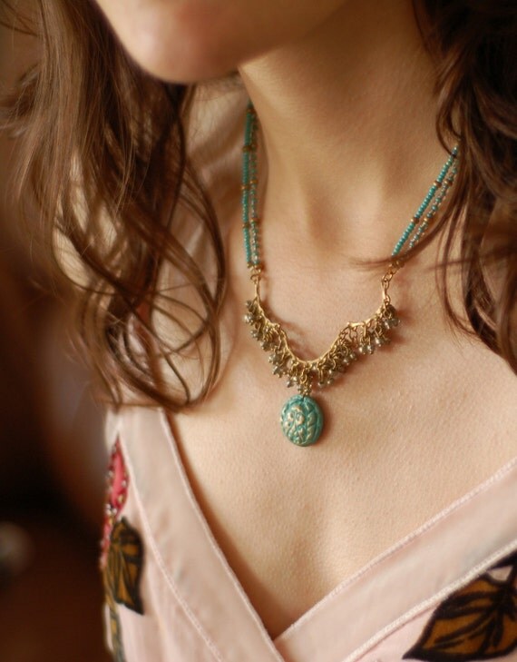 Grecian Turquoise and Gold Necklace and Earring Set Artisan OOAK