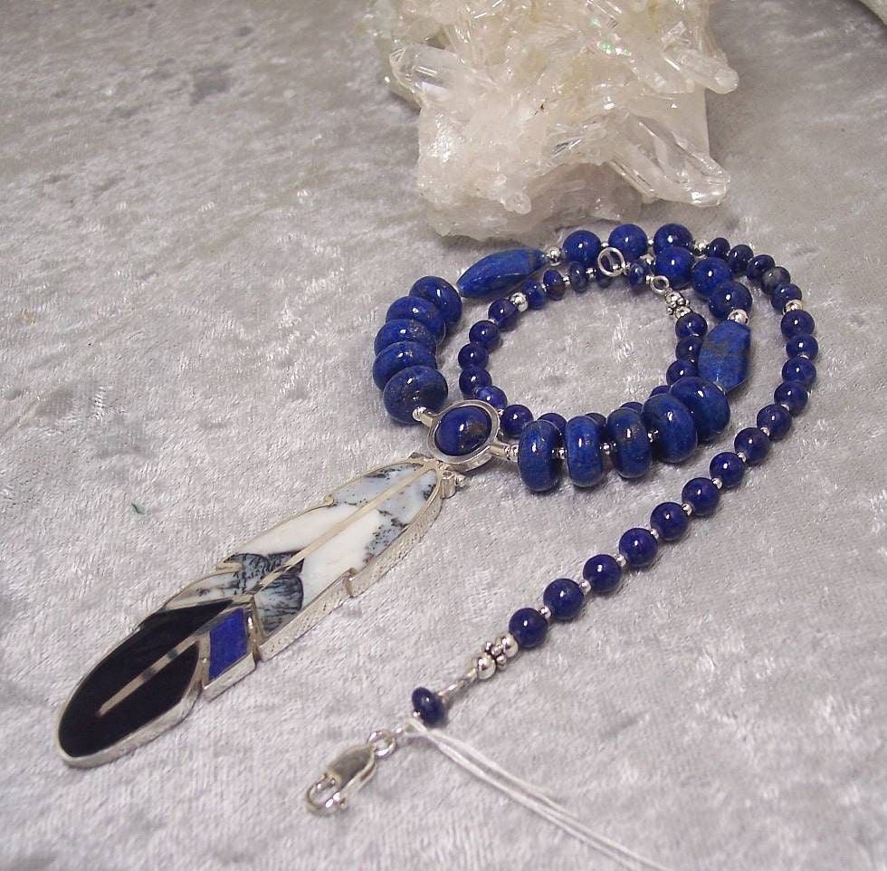 LAPIS LOVE - Reversible Feather Necklace in Lapis Lazuli, Parral Jasper, Black Onyx, Sterling Silver, and Argentium Sterling Silver