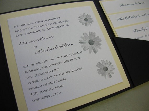Daisies Black White and Yellow Pocketfold Wedding Invitation with Daisies 