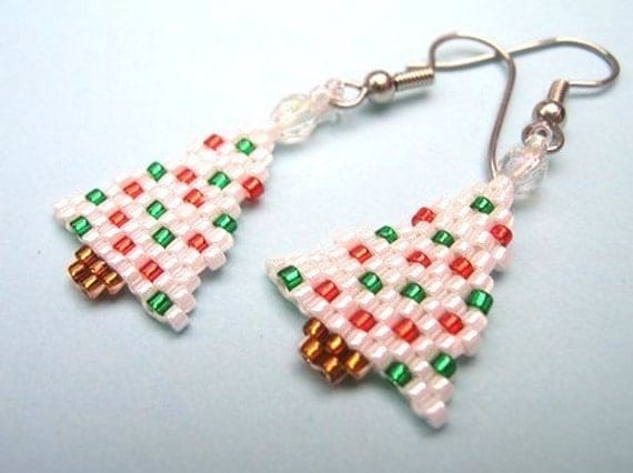 Little White Holiday Tree Beaded Earrings