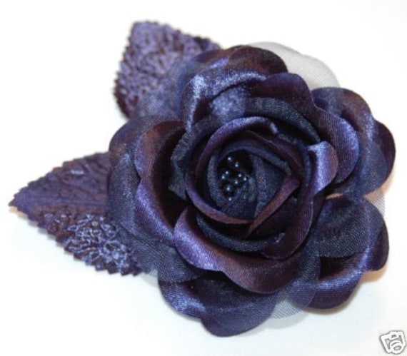 Midnight Navy Blue Satin Rose Flower Bridesmaid Bridal Hair Clip or Brooch