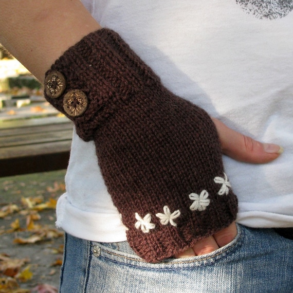 Chocolate brown knit fingerless gloves / arm warmers / wrist warmers / with flower embroidery