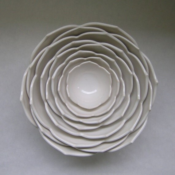 Eight Nesting Lotus Ceramic Bowls in Milk White