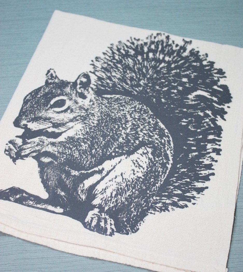 Super Squirrel in Gray - Hand Printed Flour Sack Tea Towel (Unbleached Cotton)