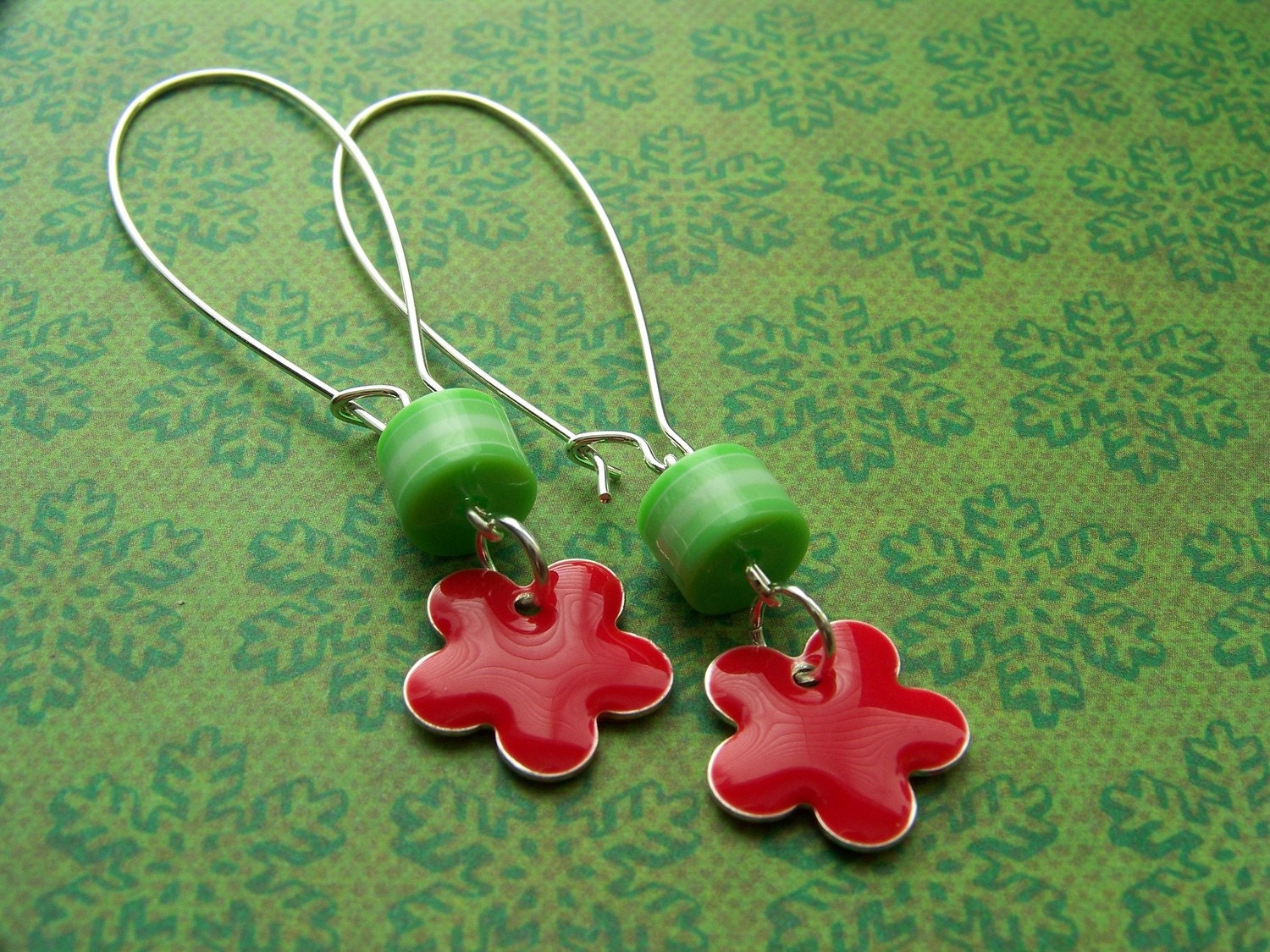 earrings CHERRY red enamel flower with green acrylic beads Christmas - FREE SHIPPING