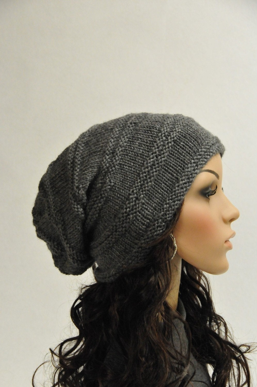 Hand knit hat - Chunky charcoal wool hat, slouchy hat