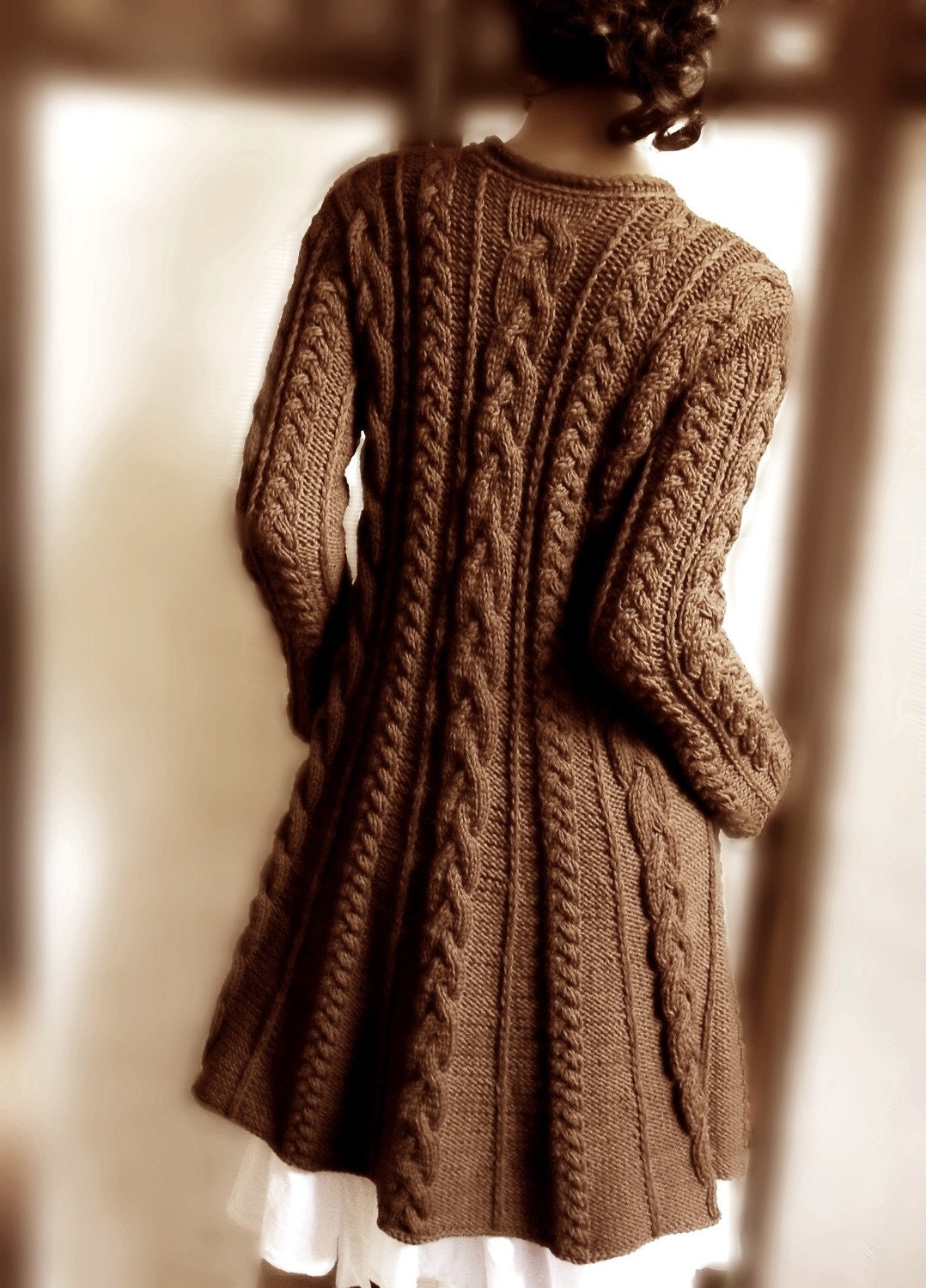 Handknitted Cabled A Line coat in pure wool Chocholate brown by Pilland