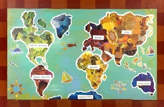 BUY 2 GET 1 FREE World Map Recycled Collage 11x14 Poster