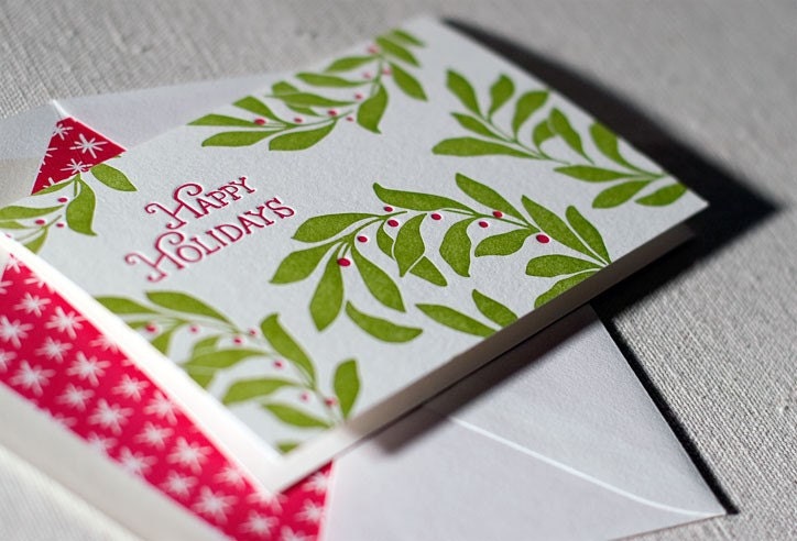 Holly letterpress holiday cards. Bamboo paper. Patterned envelopes. 4D14T