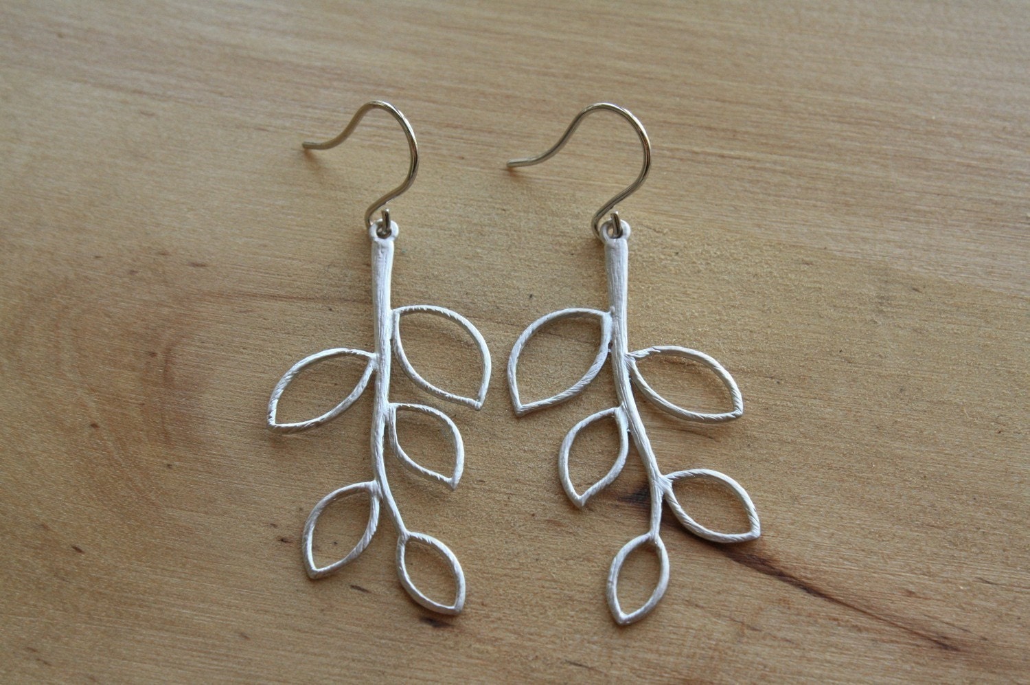 Long Branch Earrings on Sterling Silver Ear Wires, Silhouette, Dangle Leaf, Metal Leaves, Matching Necklaces